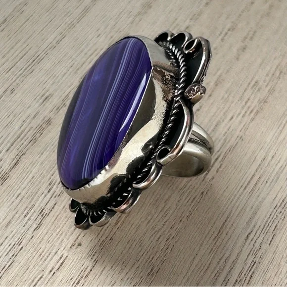 Gary Nez Navajo Purple Banded Agate Native American Huge Signed GN Ring Size 8